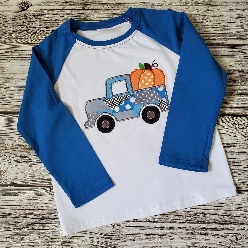 Unisex Kids Embroidered Fall Halloween Raglan Antique Truck with Pumpkin